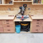 Mitre saw station with cedar drawer fronts and integrated stops.